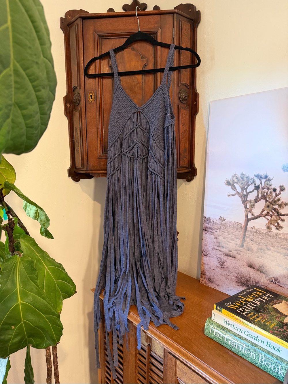 Elan Macrame Fringe Tank Top Blue Boho Festival Western Boutique Size M
